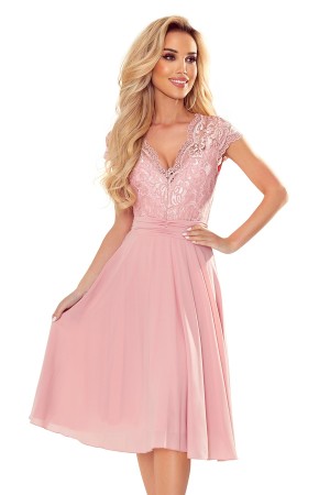 381-1 LINDA - Prabangi rožinė proginė suknelė su iškirpte