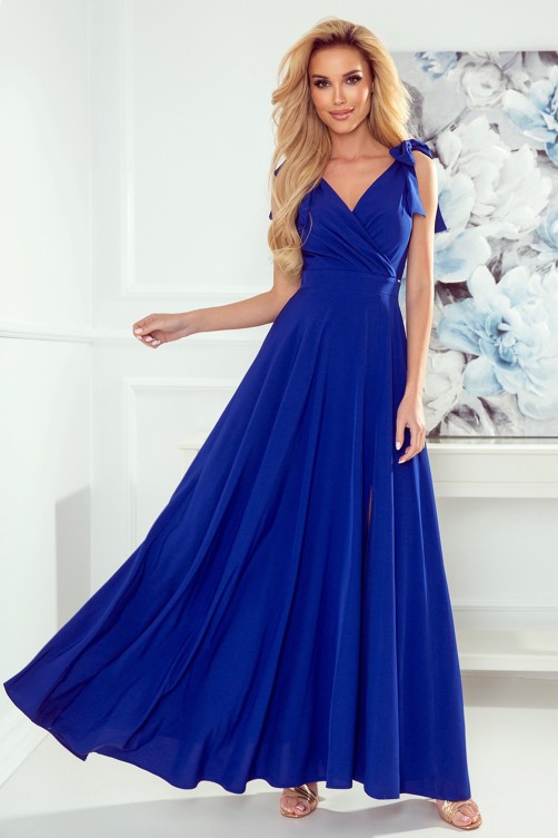 405-2 ELENA Ilga proginė mėlyna suknelė su surišimu ties pečiais