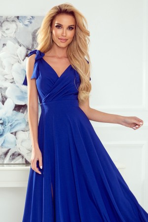 405-2 ELENA Ilga proginė mėlyna suknelė su surišimu ties pečiais