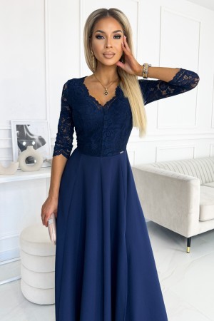 309-6 AMBER Ilga proginė tamsiai mėlyna suknelė su iškirpte ir skeltuku