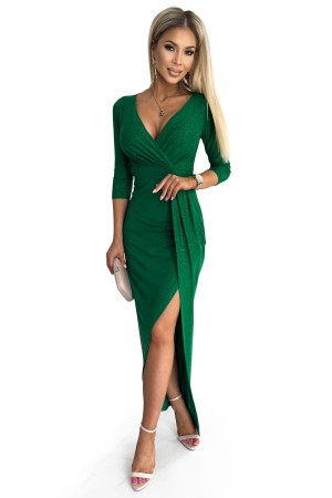 404-1 Ilga proginė blizgi žalia suknelė su iškirpte ir skeltuku