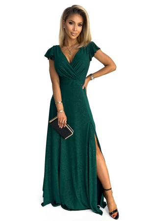 411-1 CRYSTAL long shimmering dress with a neckline - green