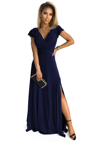 411-3 CRYSTAL Ilga proginė tamsiai mėlyna suknelė su iškirpte