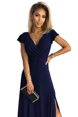 411-3 CRYSTAL Ilga proginė tamsiai mėlyna suknelė su iškirpte