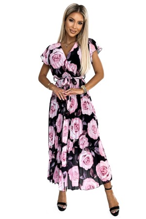 434-3 LISA Prabangi juoda ilga plisuota suknelė su rožėmis