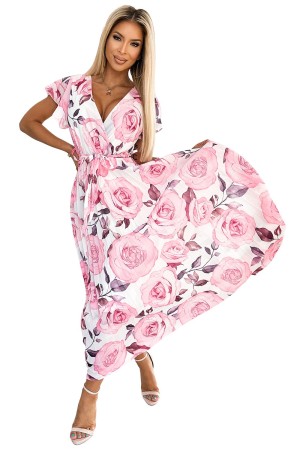 434-5 LISA Prabangi ilga gėlėta plisuota rožinė suknelė