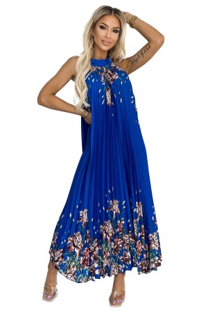 456-1 ESTER Plisuota atlasinė maxi suknelė - mėlyna su gėlėmis