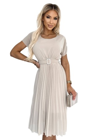 465-2 MIA Plisuota midi suknelė su plačiu diržu - smėlio spalvos