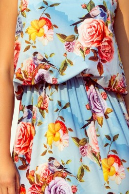 191-5 Ilga suknelė surišama ties kaklu - Gėlės mėlyname fone