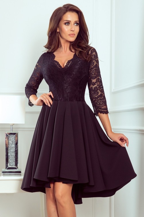 210-10 NICOLLE - Puošni juoda gipiūrinė suknelė