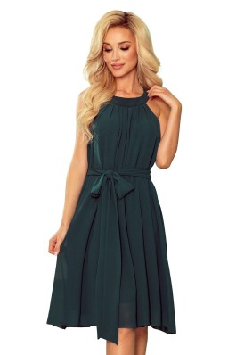 350-4 ALIZEE - puošni surišama tamsiai žalia šifoninė suknelė